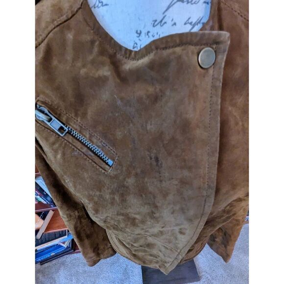 BLANC NYC real tan suede moto jacket asymmetrical zip crop sz small euc - Picture 3 of 8
